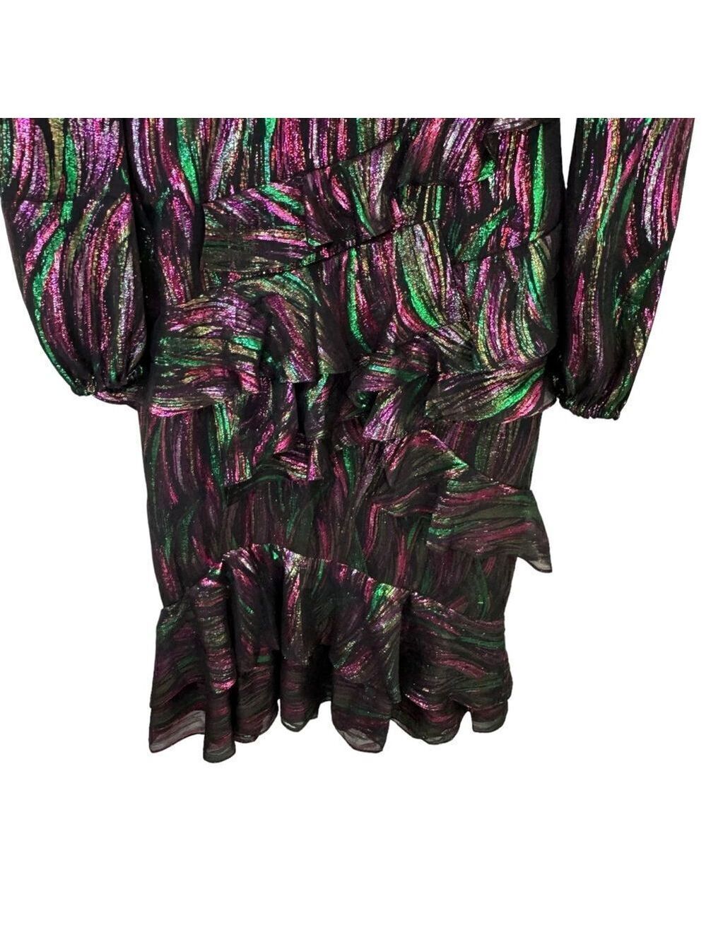 NEW Saloni Alya Black Rainbow Oilspill Silk Metallic Midi Dress Size 4 - Picture 12 of 16